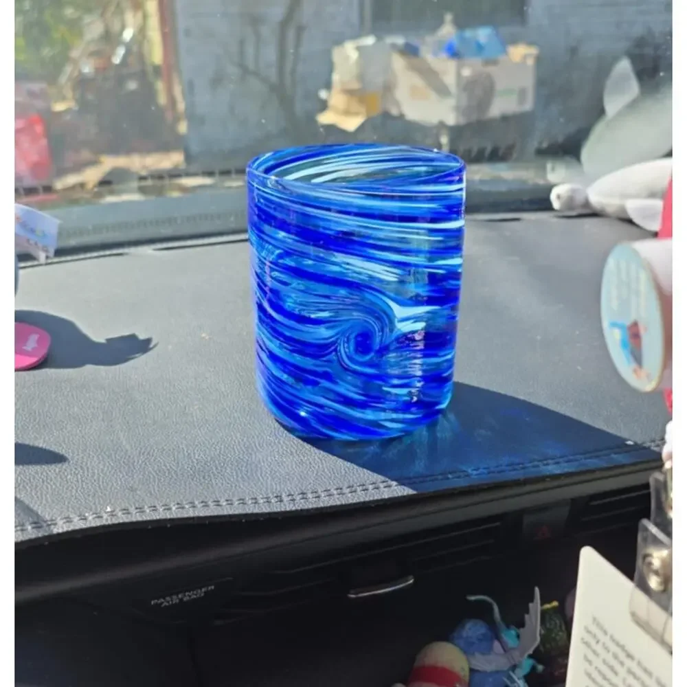 Cory Ballis Signed Cobalt Blue Swirl Art Glass Lowball Rocks Tumbler Handmade